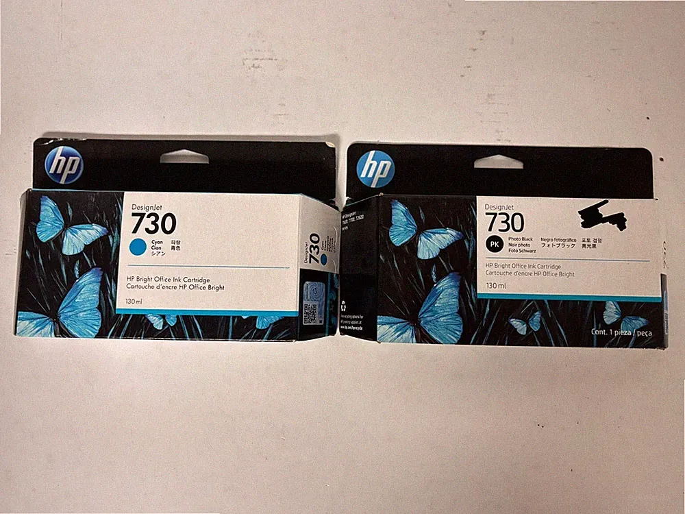2 OEM HP 730 DJ T1600,T1700 Cyan & Photo Black Inks P2V62A,P2V67A (2024,2026)