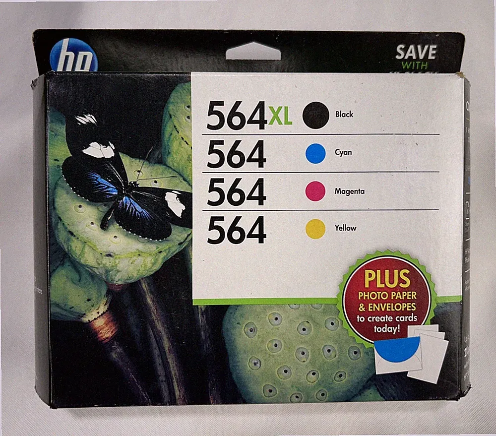 Genuine HP 564XL Black + 564 Colors Ink w/ Photo Paper & Envelopes Expired 2015